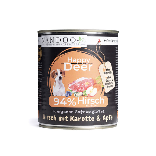 Nassfutter Hirsch mit Karotte, Apfel & Grünlippmuschel (800g Dose)