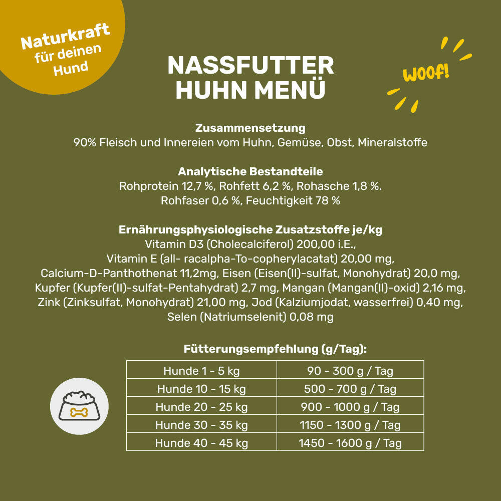 Nassfutter Huhn Menü - Inhaltsstoffe & Fütterungsempfehlung